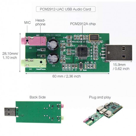 PCM2912-UAC USB Audio Card w Microphone Input and Stereo Headphone Output